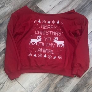 Merry Christmas Ya Filthy Animal Off the Shoulder Red Women’s Sweater Size M/L